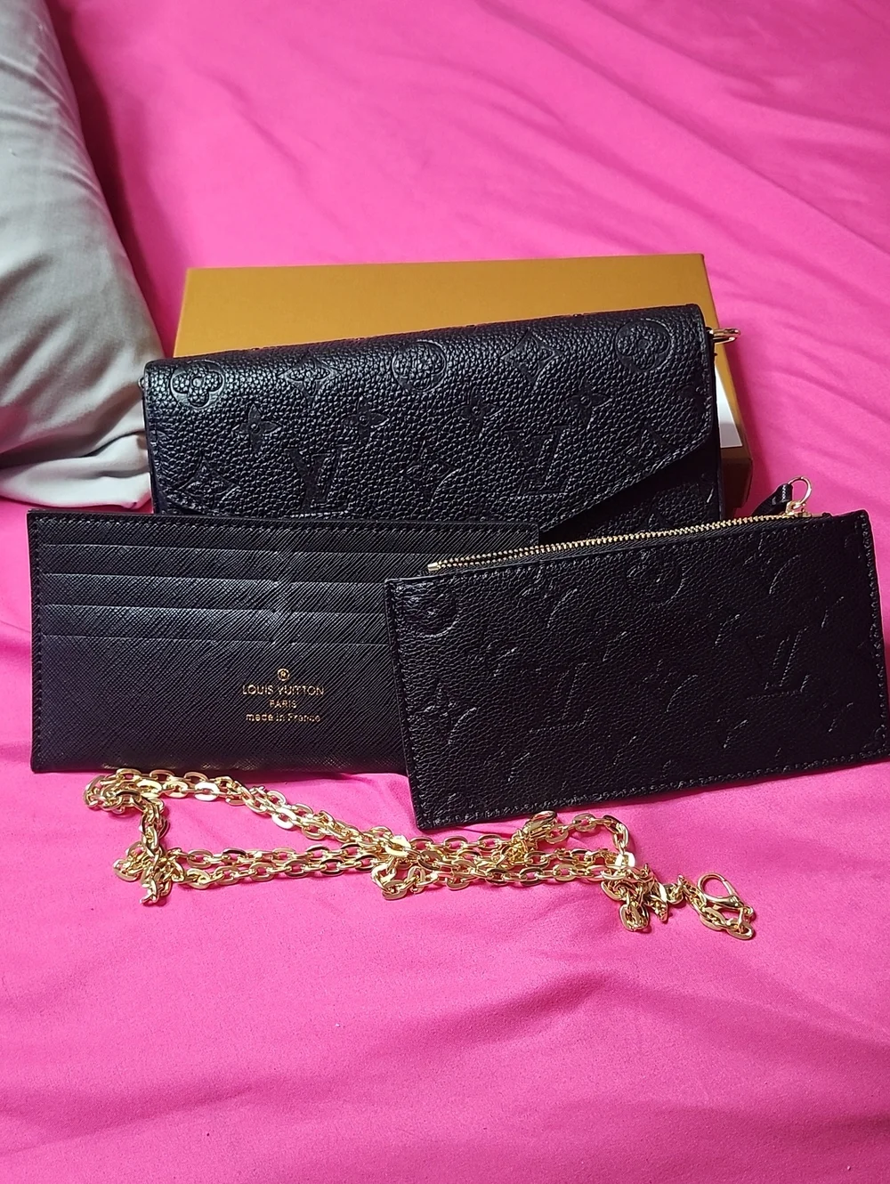 Luxury Black Monogram Envelope Wallet with Detachable Gold Chain